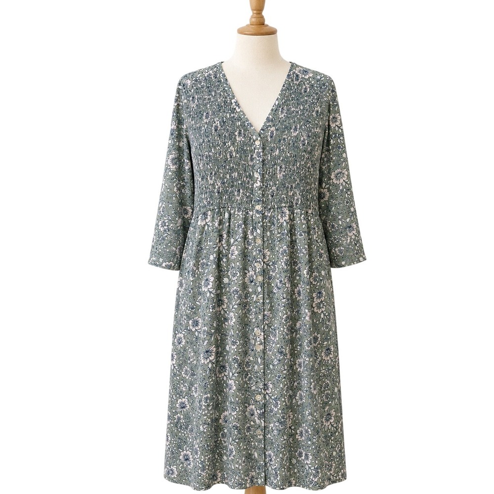 NWT J.Jill Smocked Button Front Floral Dress Large Willow Green CottonTencel